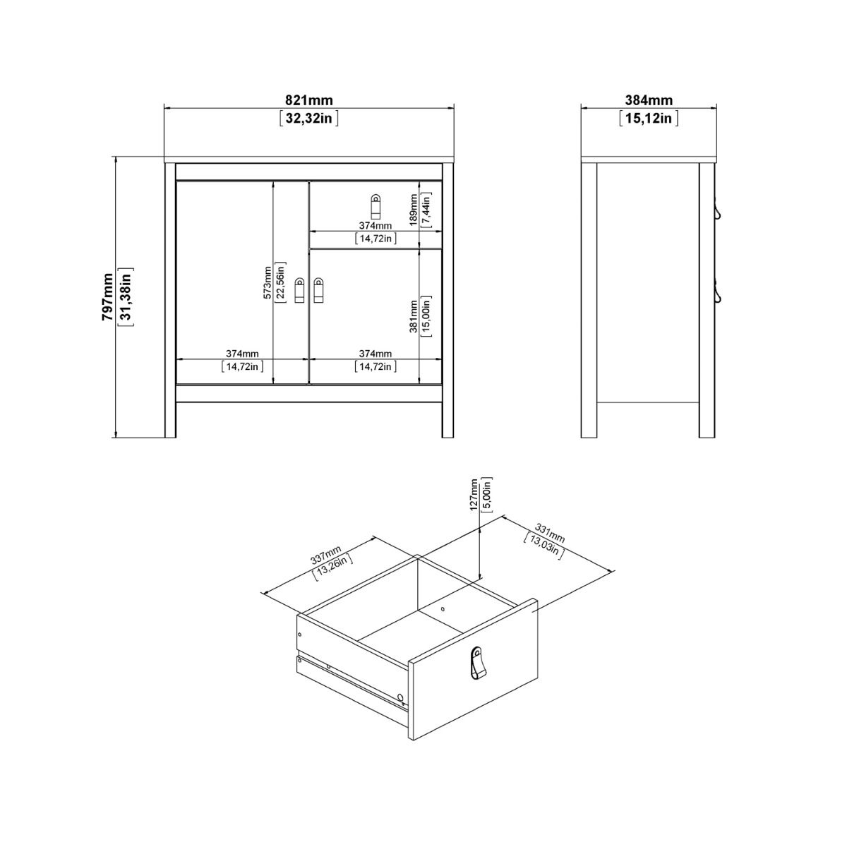 Wooden Sideboard With 2 Doors And 1 Drawer - Barcelona