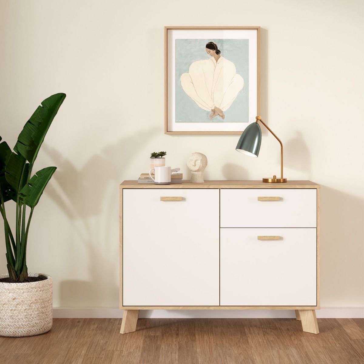 Wooden Sideboard With 2 Doors And 1 Drawer In White Fronts - Ikast