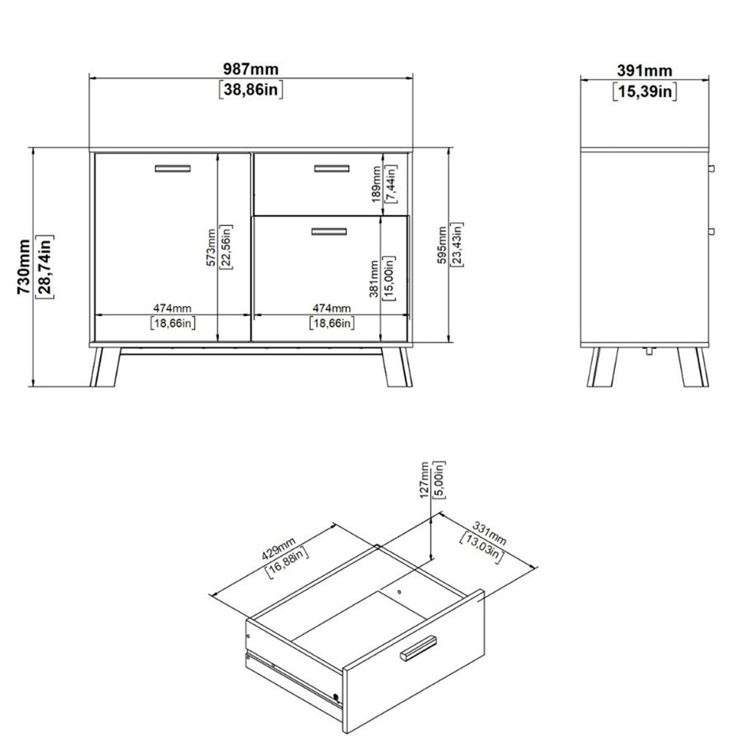 Wooden Sideboard With 2 Doors And 1 Drawer In White Fronts - Ikast