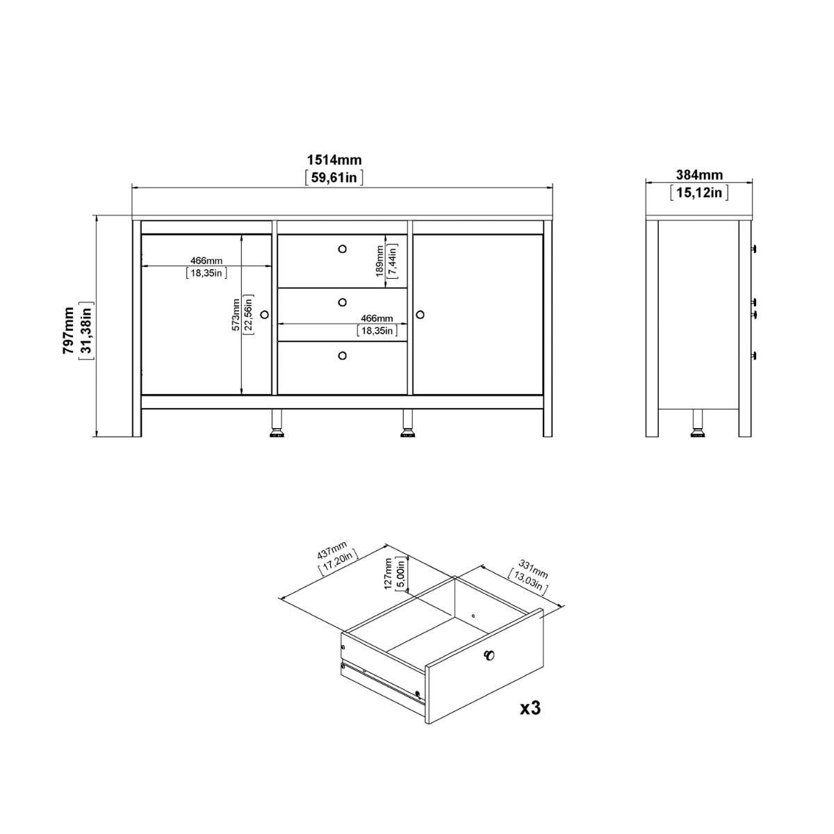 Wooden Sideboard With 2 Doors And 3 Drawers - Barcelona