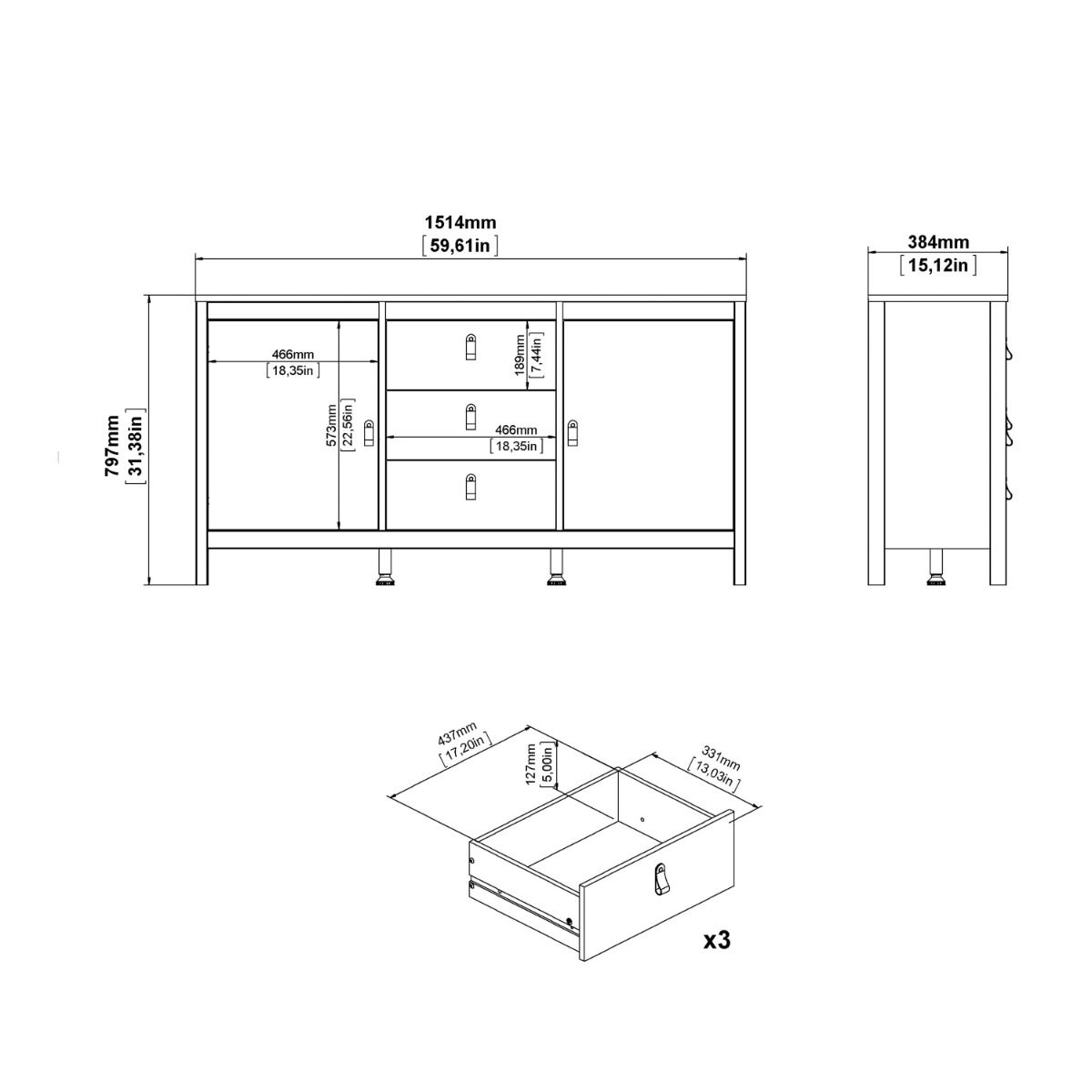 Wooden Sideboard With 2 Doors And 3 Drawers - Barcelona