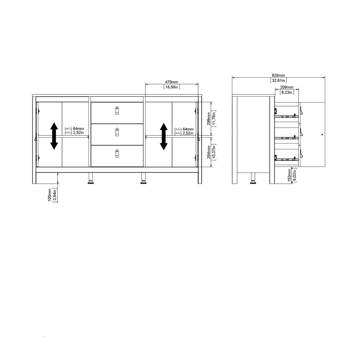 Wooden Sideboard With 2 Doors And 3 Drawers - Barcelona