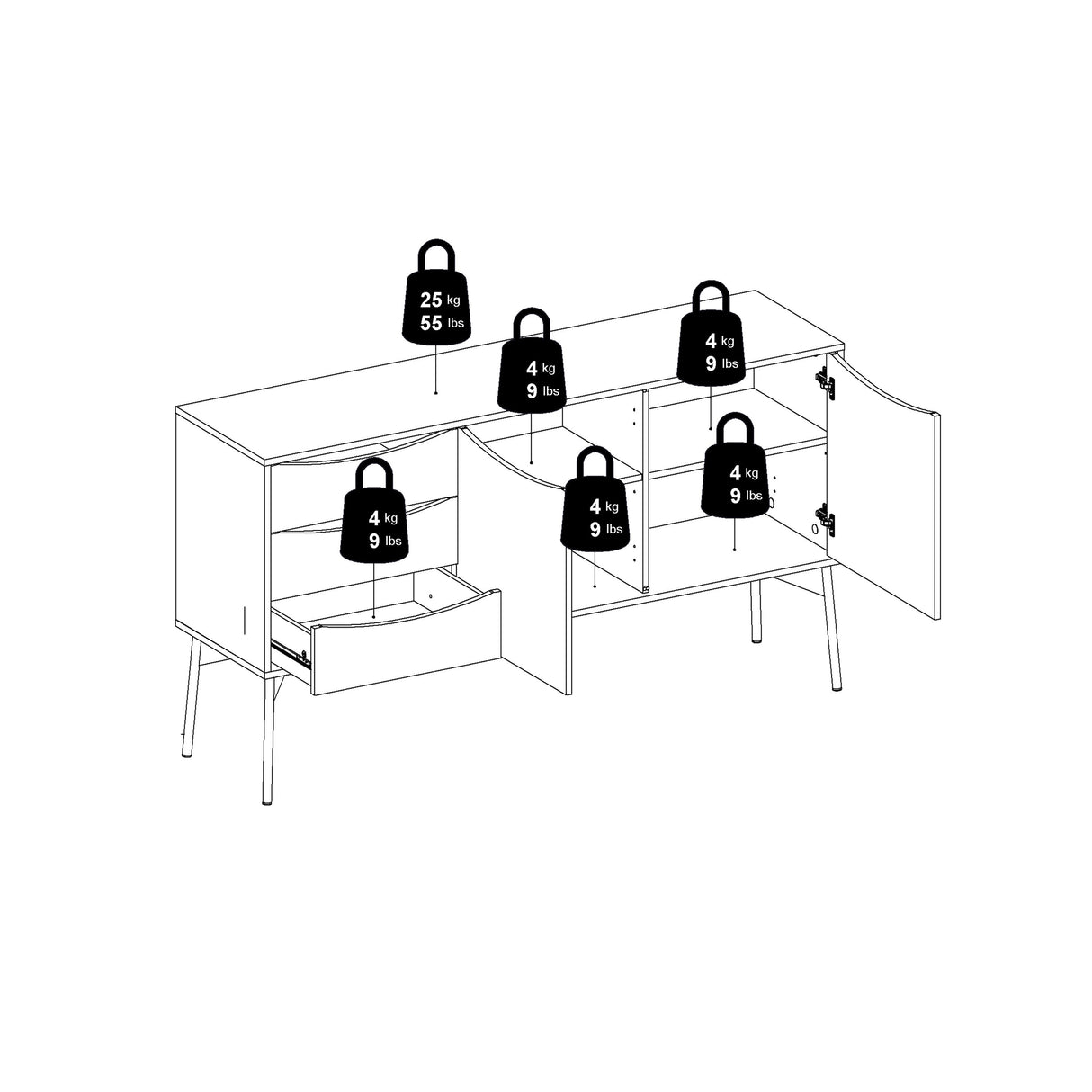 Wooden Sideboard With 2 Doors And 3 Drawers - Fur