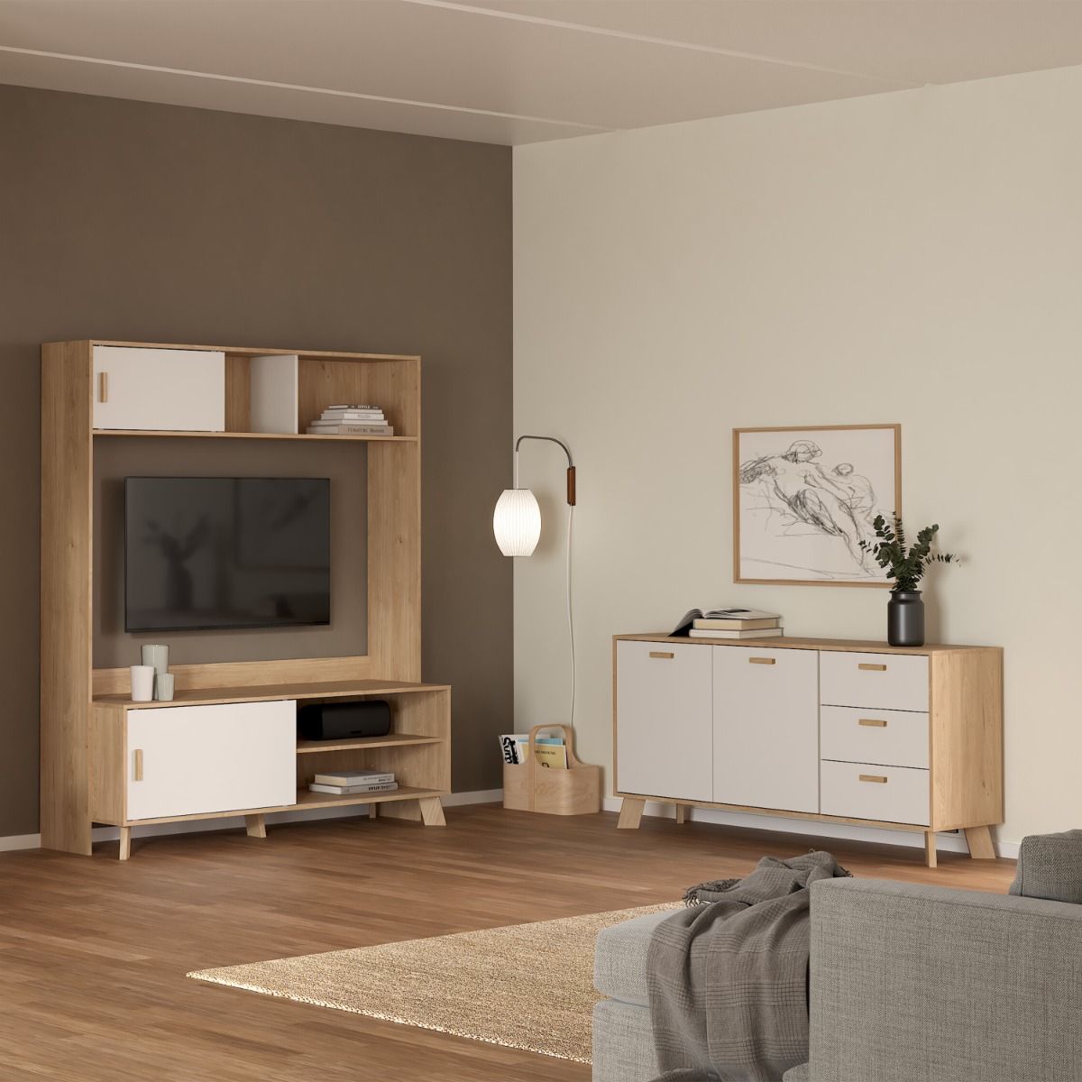 Wooden Sideboard With 2 Doors And 3 Drawers In White Fronts - Ikast