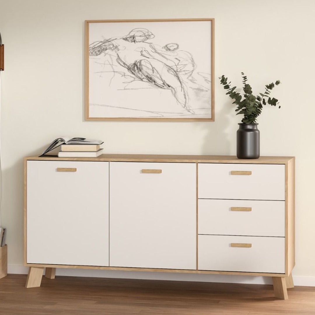 Wooden Sideboard With 2 Doors And 3 Drawers In White Fronts - Ikast