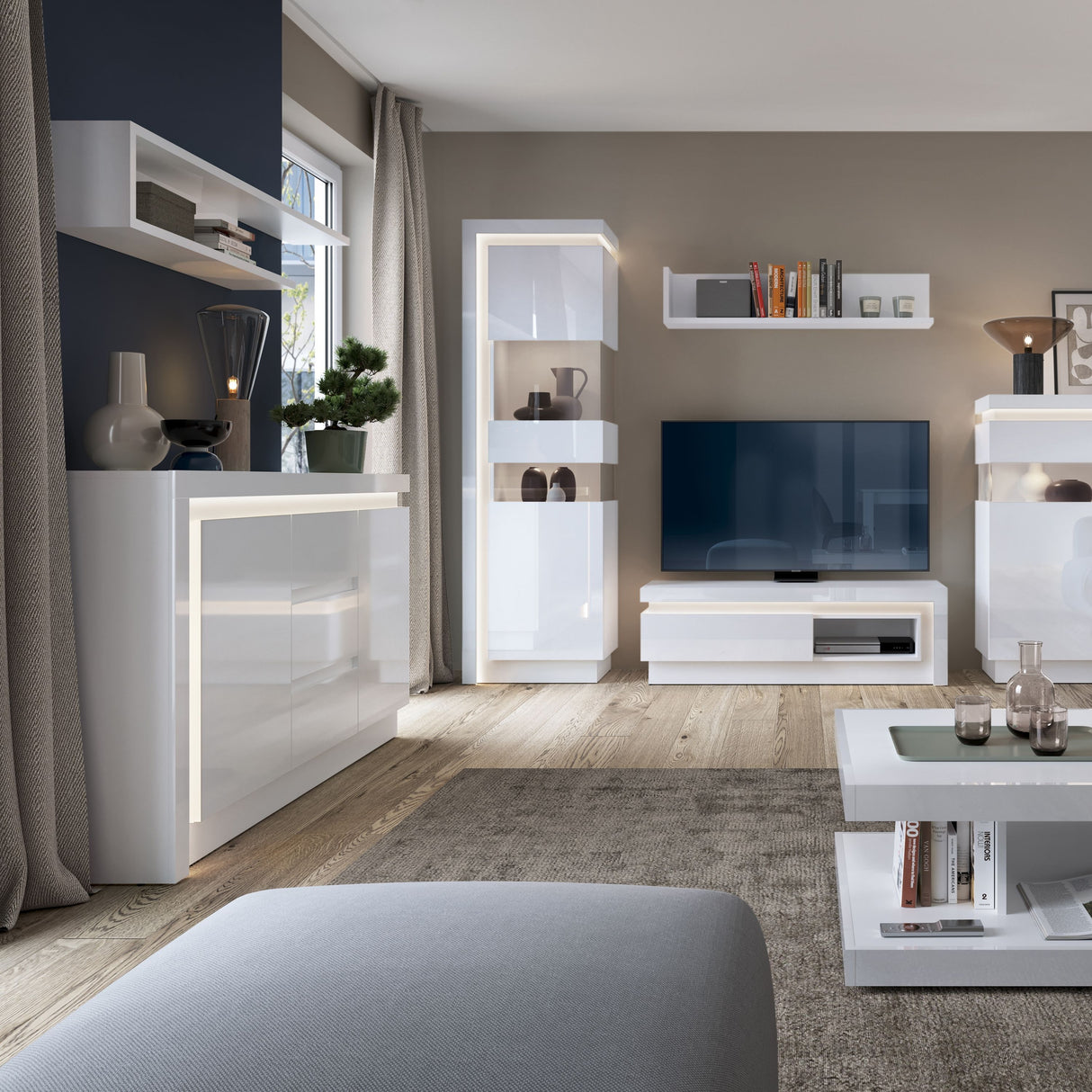 Wooden Sideboard With 2 Doors 3 Drawers And LED Lights - Lyon