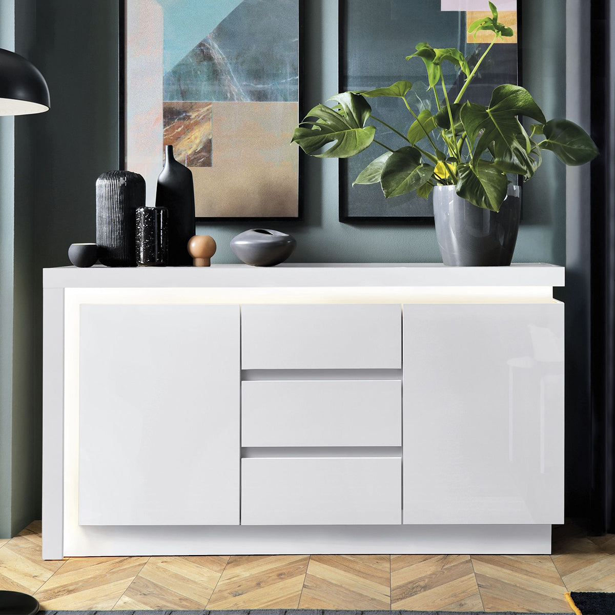 Wooden Sideboard With 2 Doors 3 Drawers And LED Lights - Lyon