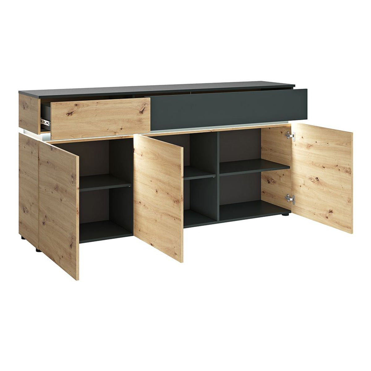 Wooden Sideboard With 3 Doors 2 Drawers And LED Lights - Luci