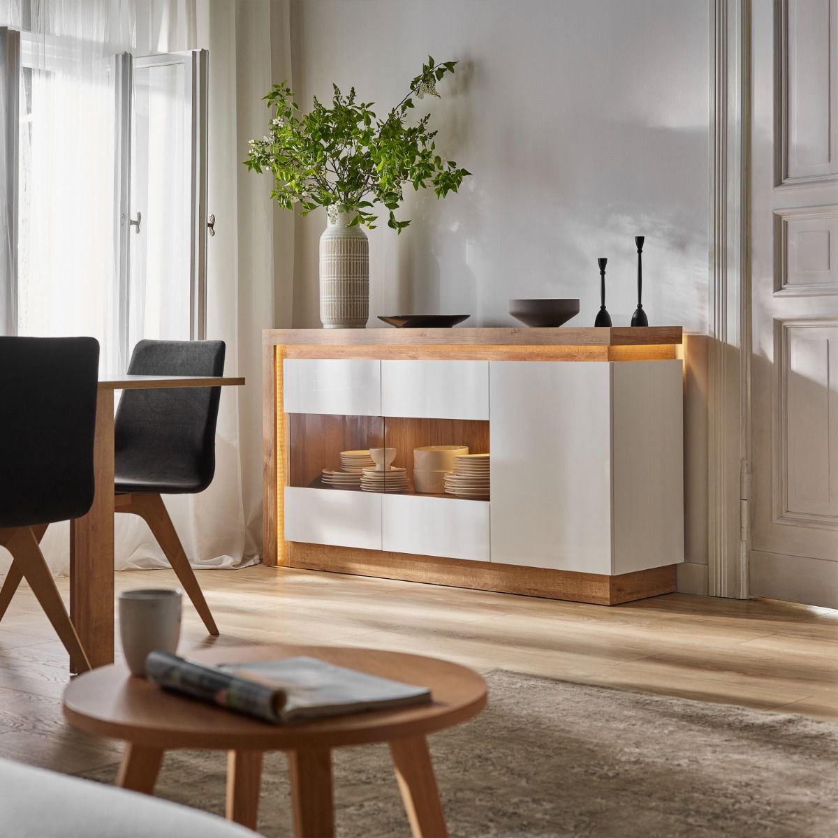 Wooden Sideboard With 3 Doors And LED Lights - Lyon