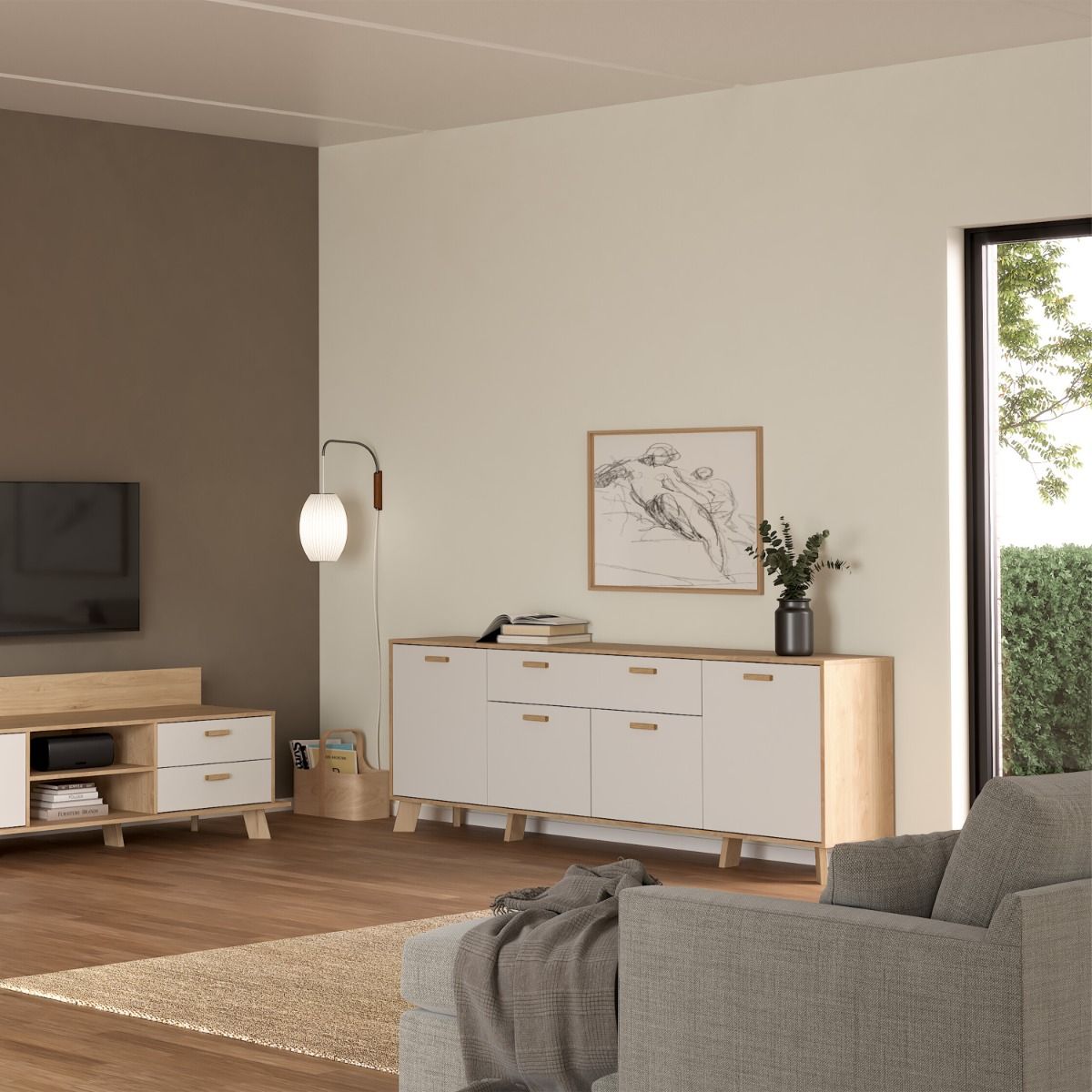 Wooden Sideboard With 4 Doors And 1 Drawer In White Fronts - Ikast