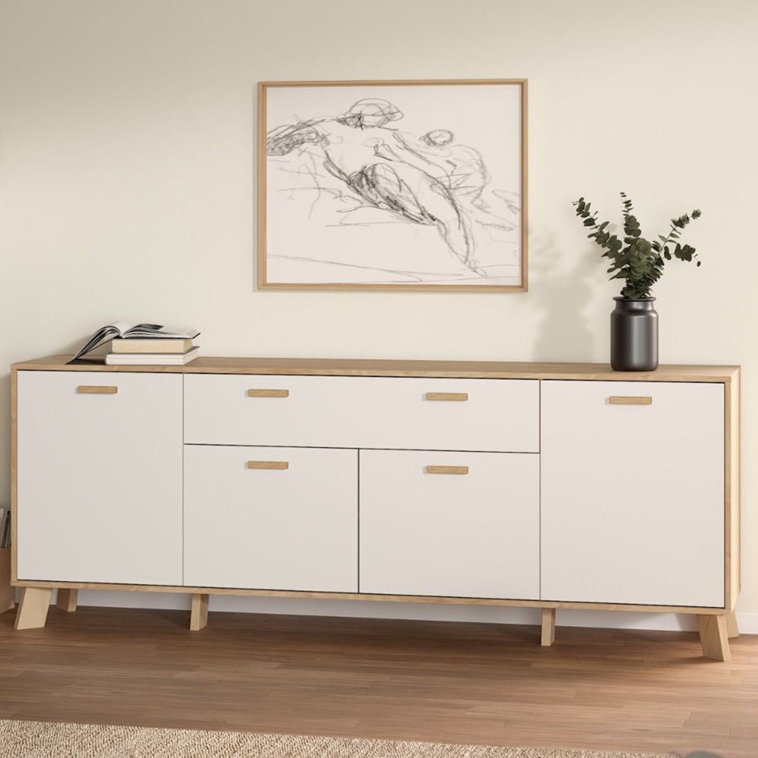 Wooden Sideboard With 4 Doors And 1 Drawer In White Fronts - Ikast