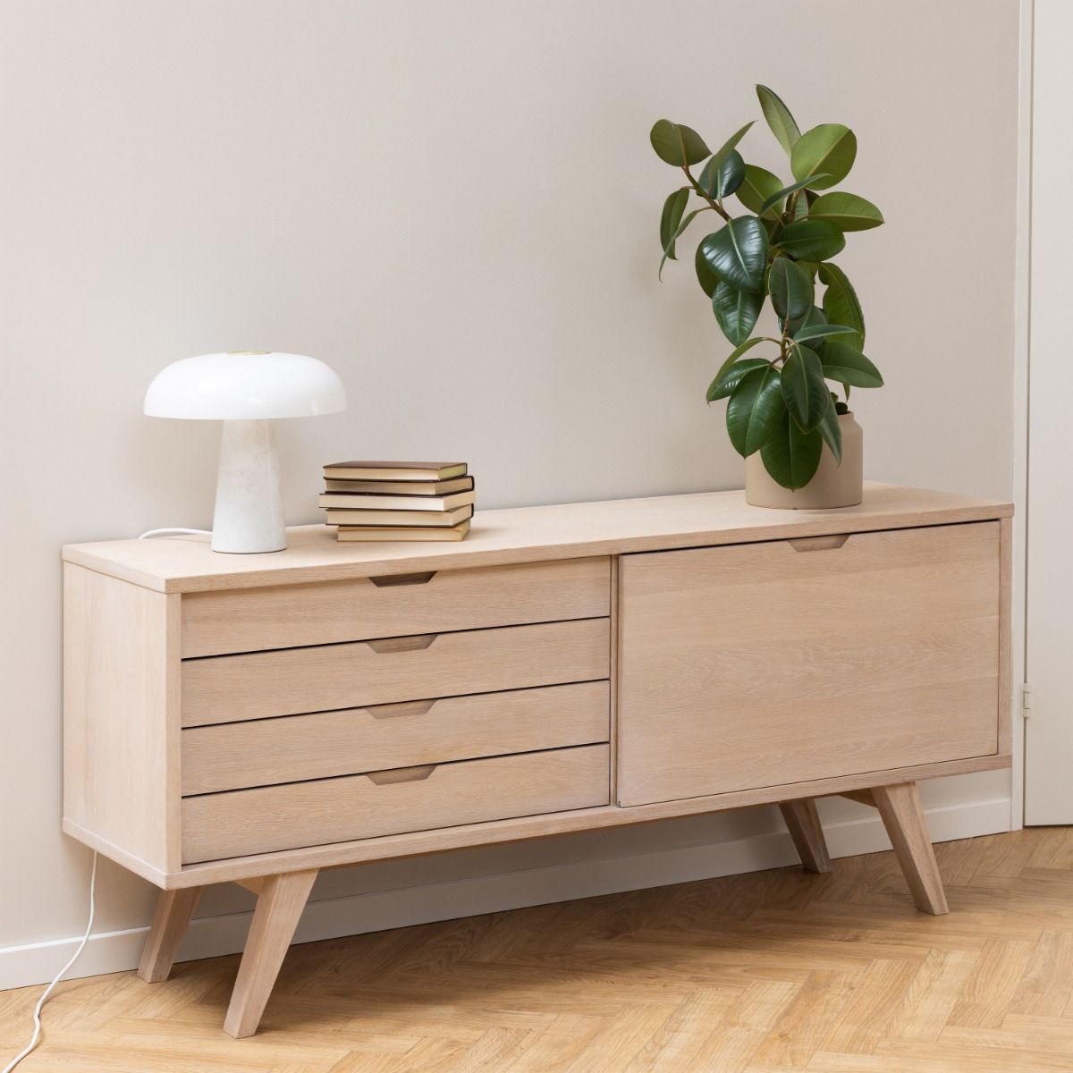 Wooden Sideboard With 4 Drawers And Sliding Door - A-Line