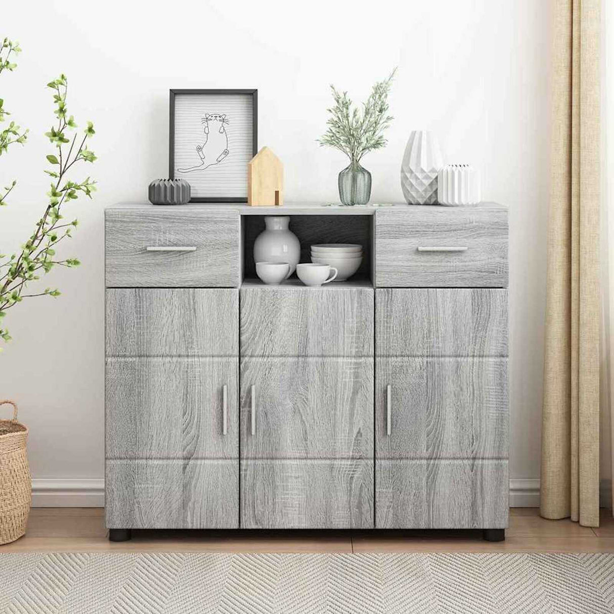Wooden Sideboard 88.5cm Wide With 3 Doors And 2 Drawers - Vantage Home