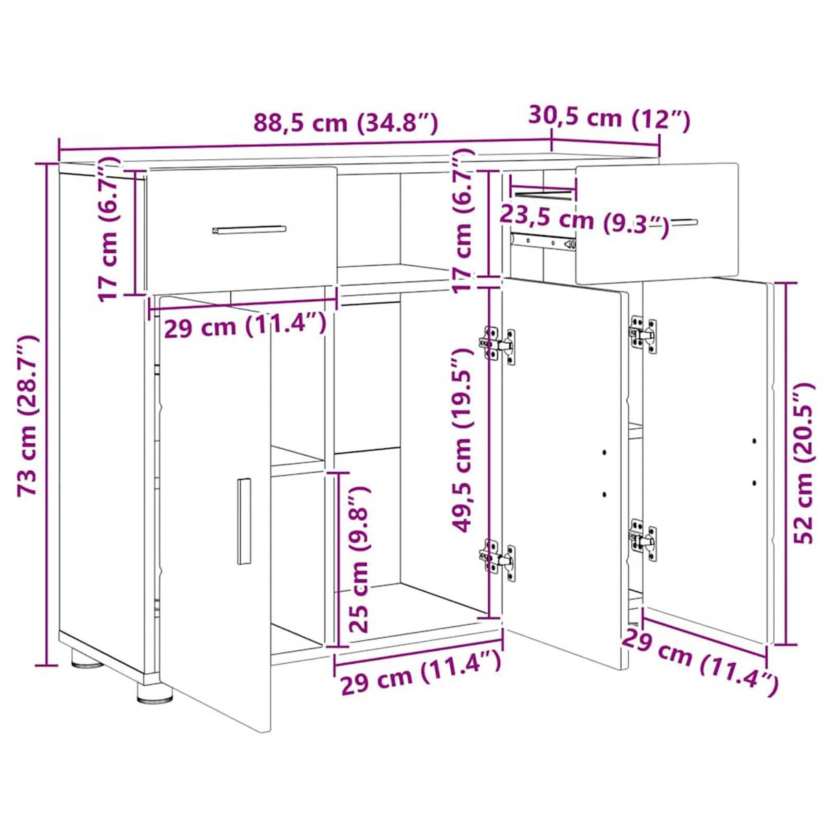 Wooden Sideboard 88.5cm Wide With 3 Doors And 2 Drawers - Vantage Home