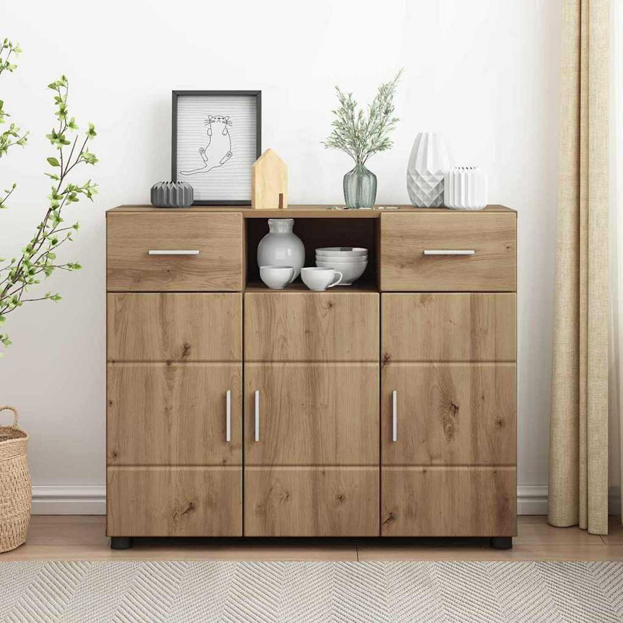 Wooden Sideboard 88.5cm Wide With 3 Doors And 2 Drawers - Vantage Home