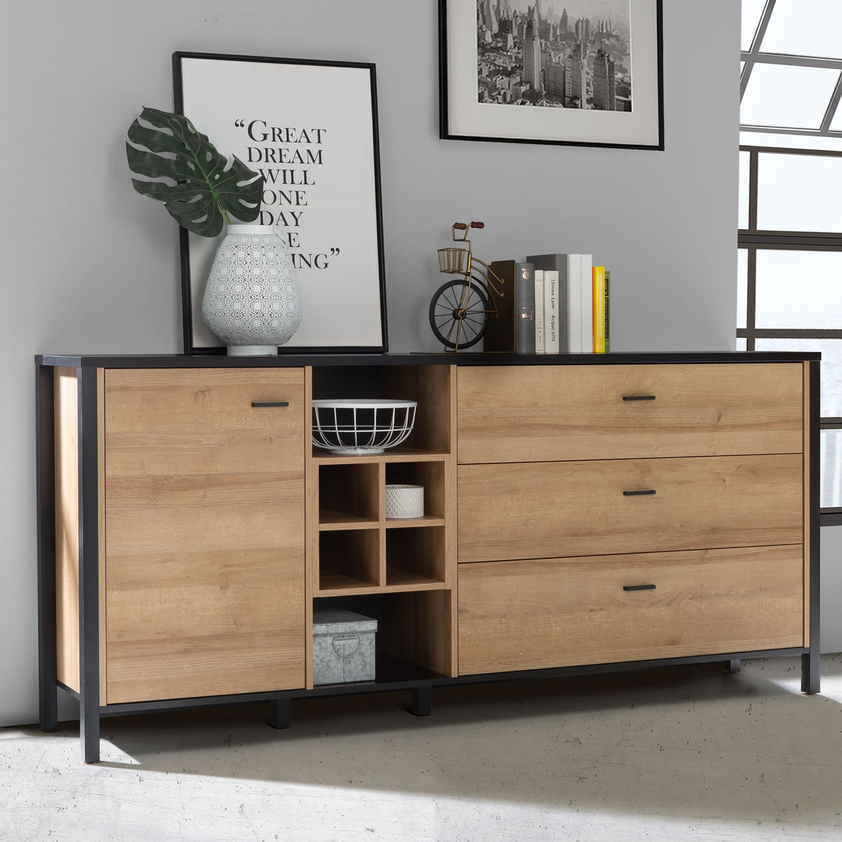 Wooden Sideboard Wide With 1 Door And 3 Drawers - High Rock