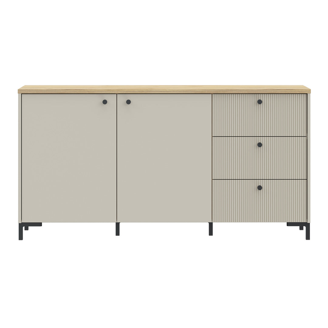 Wooden Sideboard Wide With 2 Doors And 3 Fluted Detailed Drawers - Bixbite