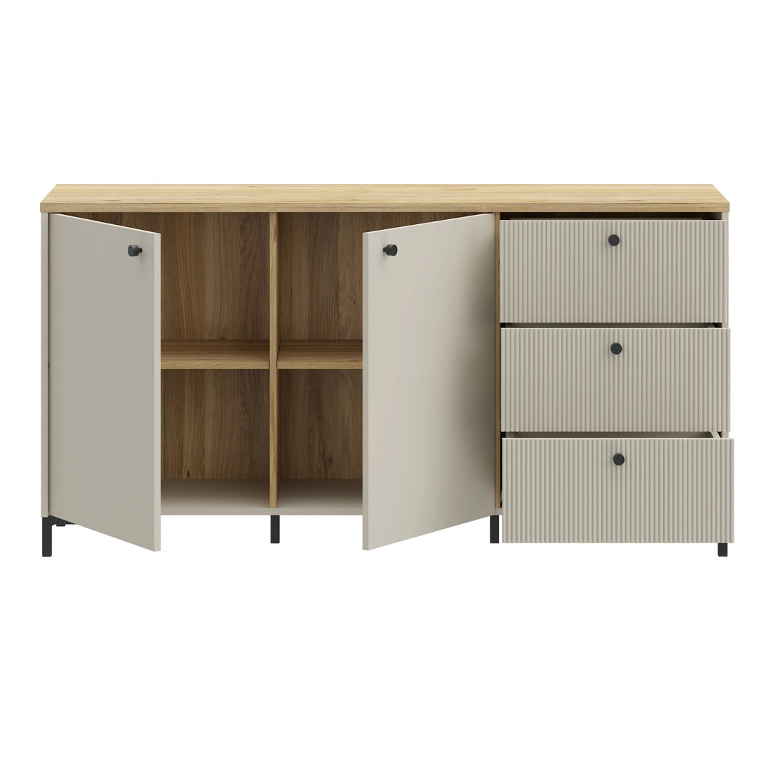 Wooden Sideboard Wide With 2 Doors And 3 Fluted Detailed Drawers - Bixbite