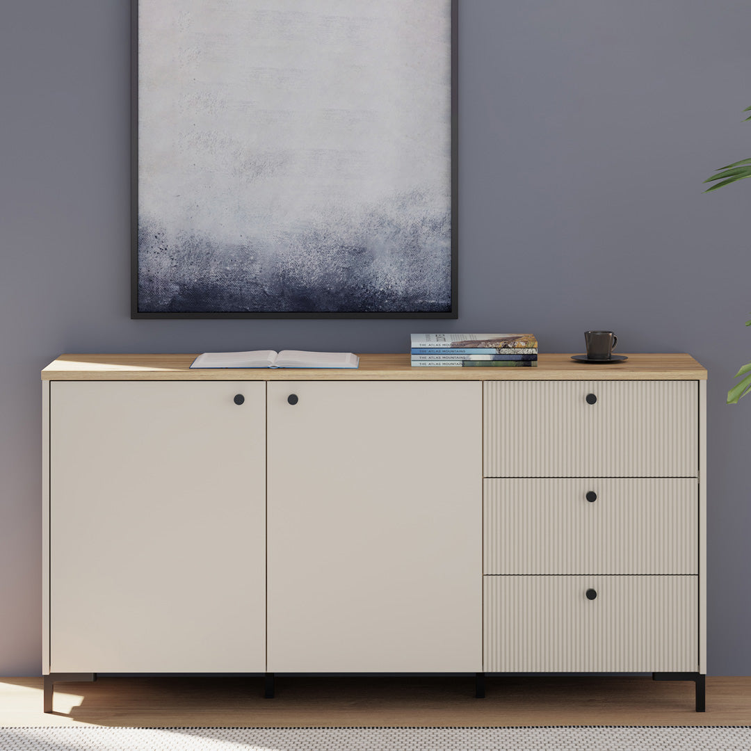 Wooden Sideboard Wide With 2 Doors And 3 Fluted Detailed Drawers - Bixbite
