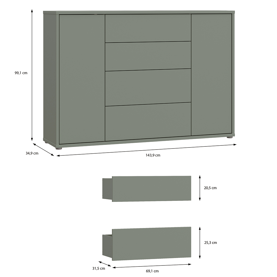 Wooden Sideboard Wide With 2 Push-to-Open Doors And 4 Drawers - Alice Springs