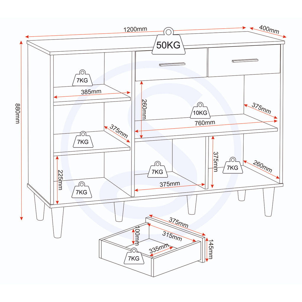 Wooden Sideboard With 3 Doors And 2 Drawers - Tessa