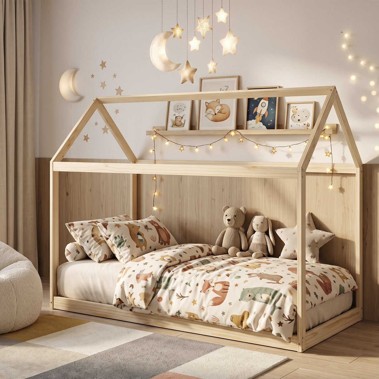 Wooden Single Bed 96cm Wide House Scandinavian Style - Velmora