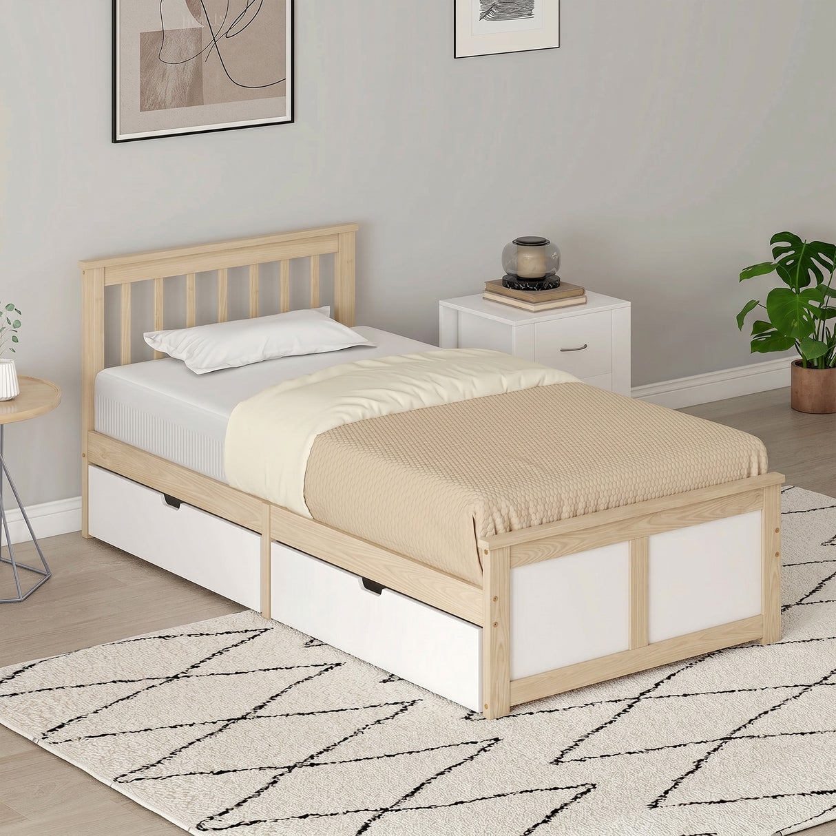 Wooden Single Bed 98cm Wide With 2 Drawers - Velmora