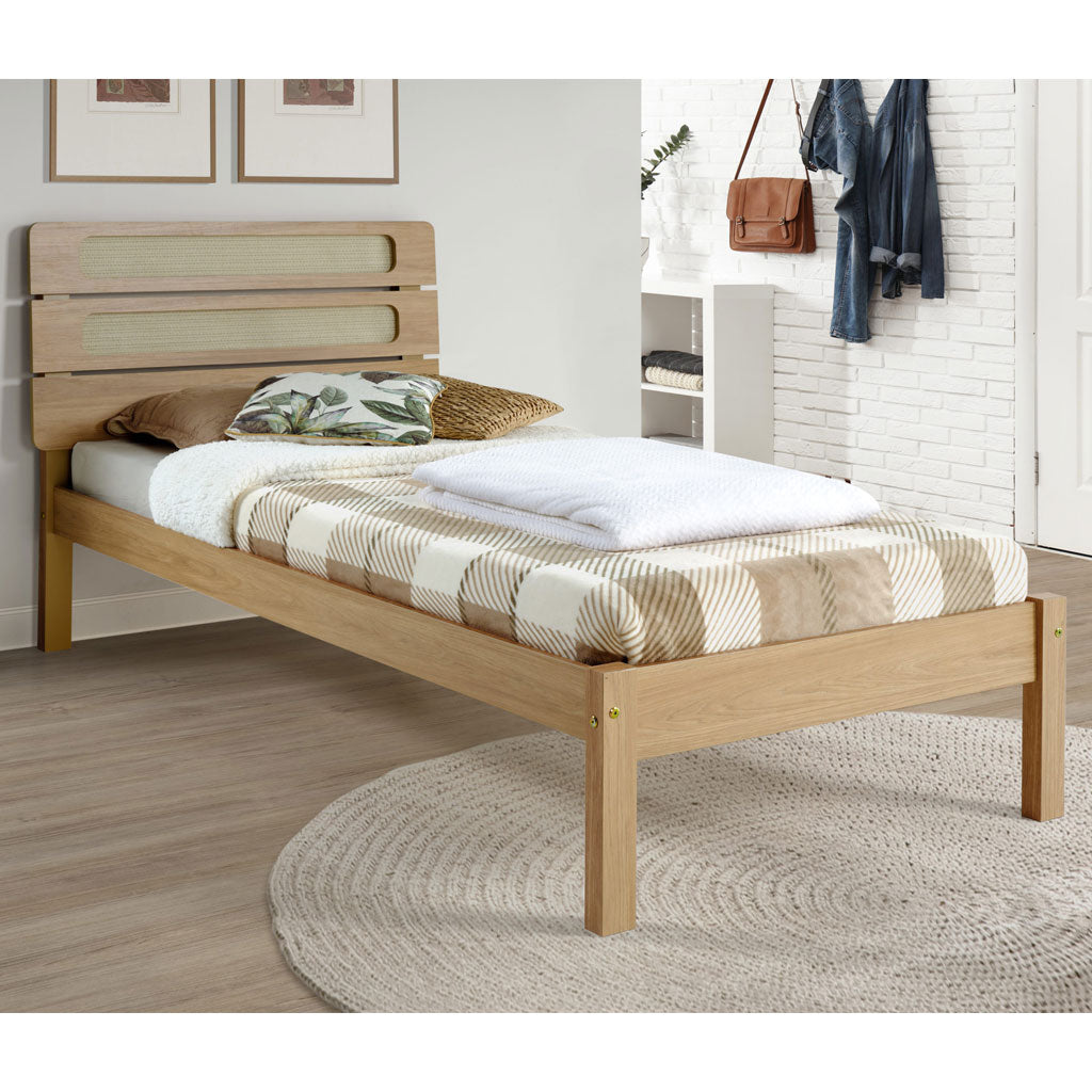 Wooden Single Bed With Rattan Effect - Santana