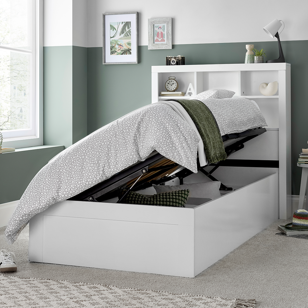 Wooden Single Ottoman Storage Bed With Bookcase Headboard - Oscar