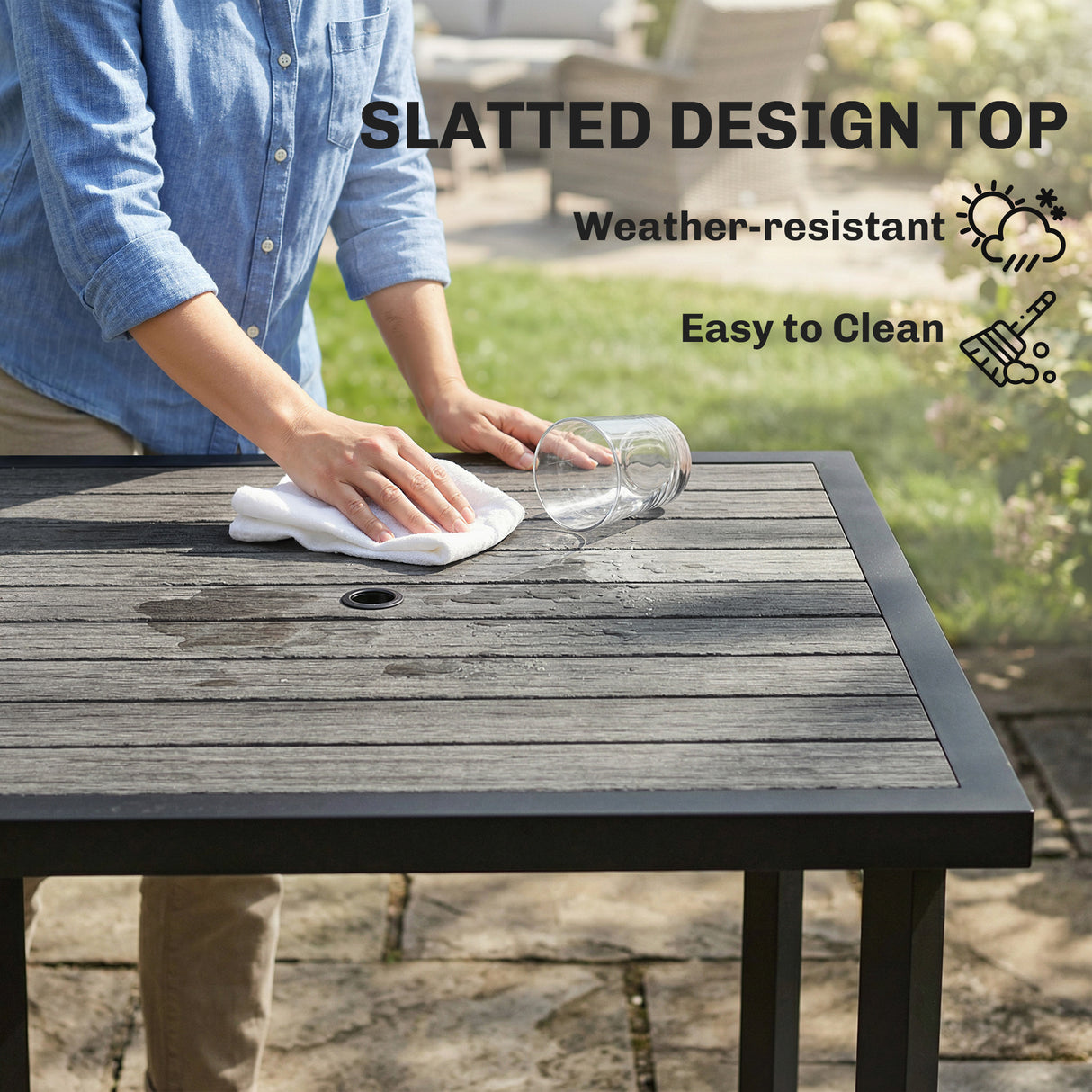 Wooden Slatted Top Outdoor Garden Dining Table for 4 People - Velmora