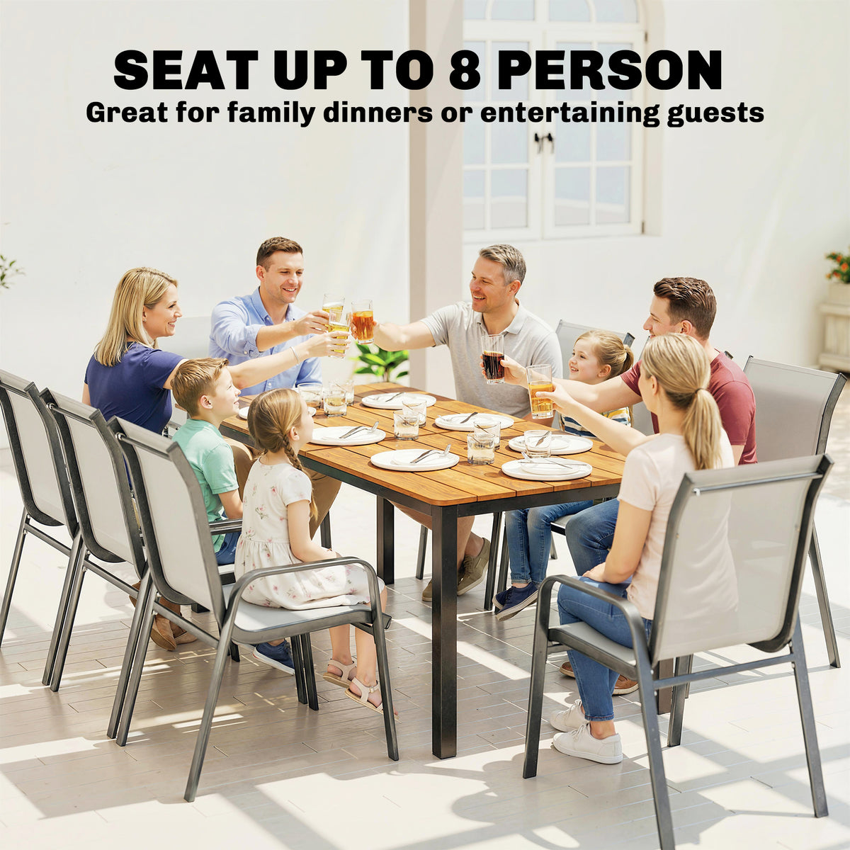Wooden Slatted Top Outdoor Garden Dining Table for 6 to 8 People - Velmora