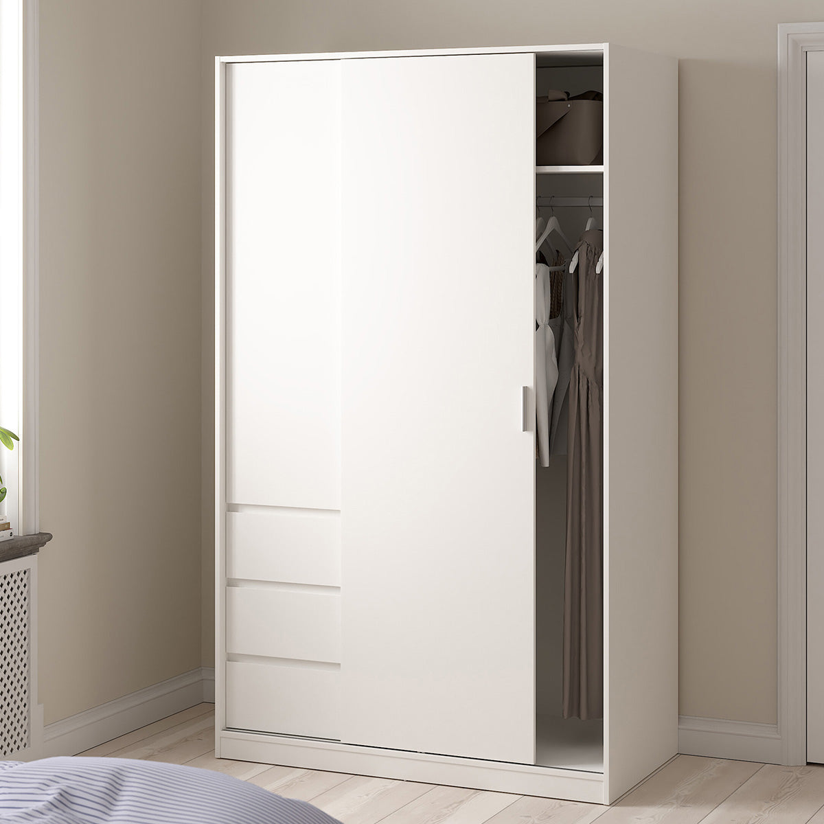 Wooden Sliding Wardrobe With 2 Doors And 3 Drawers - Naia