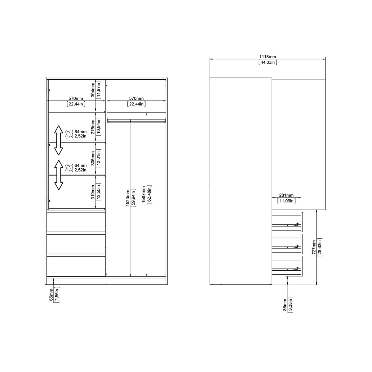 Wooden Sliding Wardrobe With 2 Doors And 3 Drawers - Naia