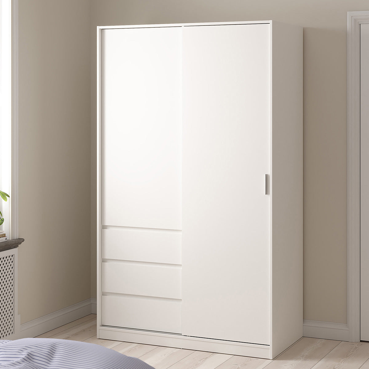 Wooden Sliding Wardrobe With 2 Doors And 3 Drawers - Naia