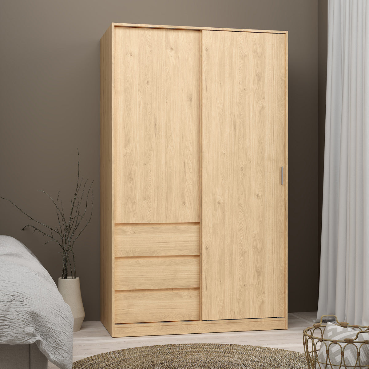 Wooden Sliding Wardrobe With 2 Doors And 3 Drawers - Naia