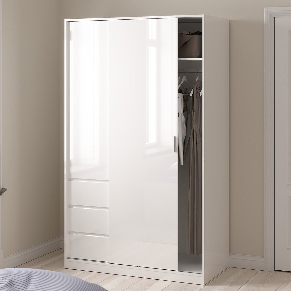 Wooden Sliding Wardrobe With 2 Doors And 3 Drawers - Naia