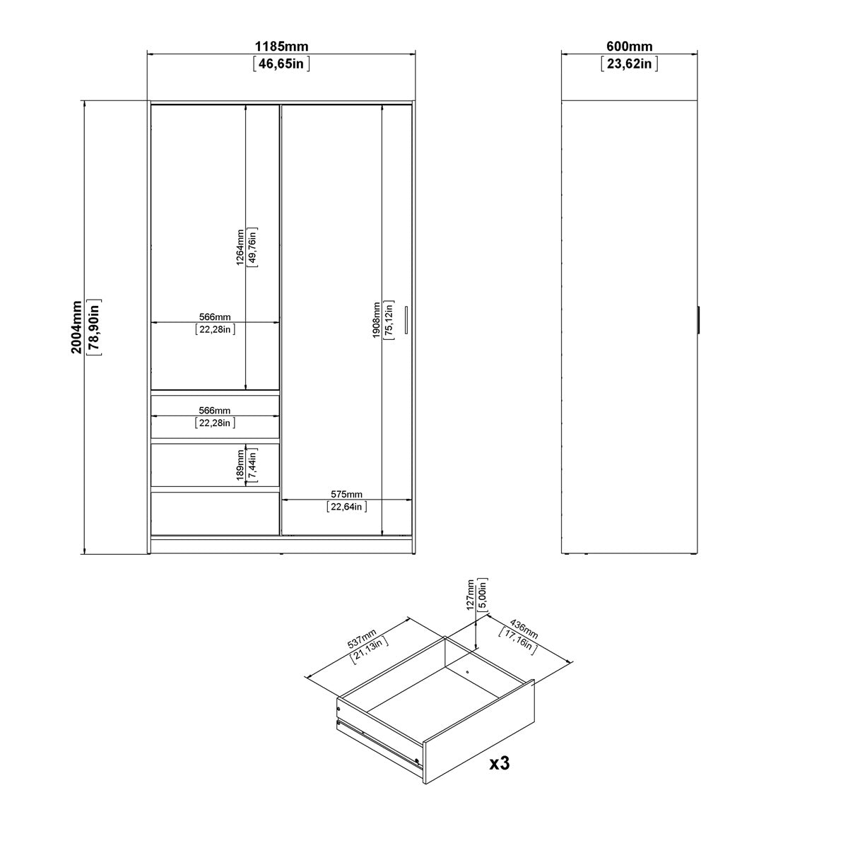 Wooden Sliding Wardrobe With 2 Doors And 3 Drawers - Naia