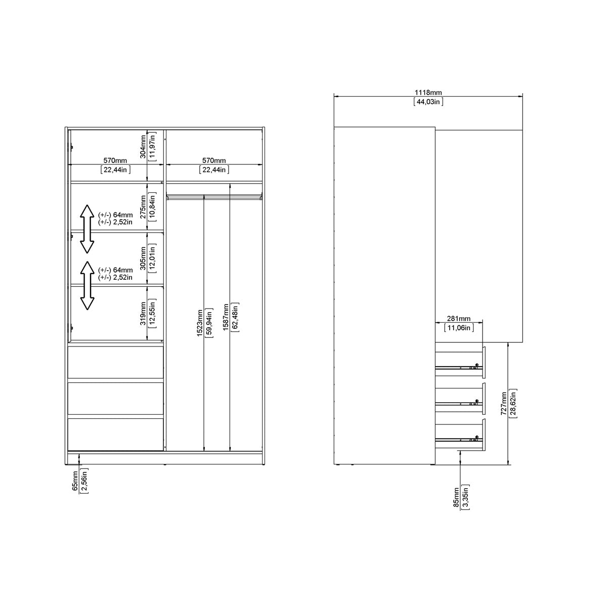 Wooden Sliding Wardrobe With 2 Doors And 3 Drawers - Naia