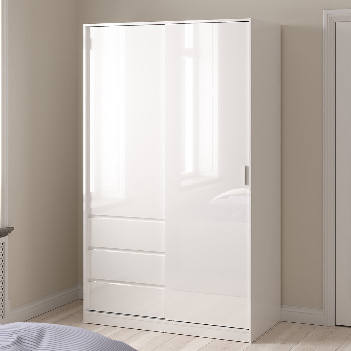 Wooden Sliding Wardrobe With 2 Doors And 3 Drawers - Naia