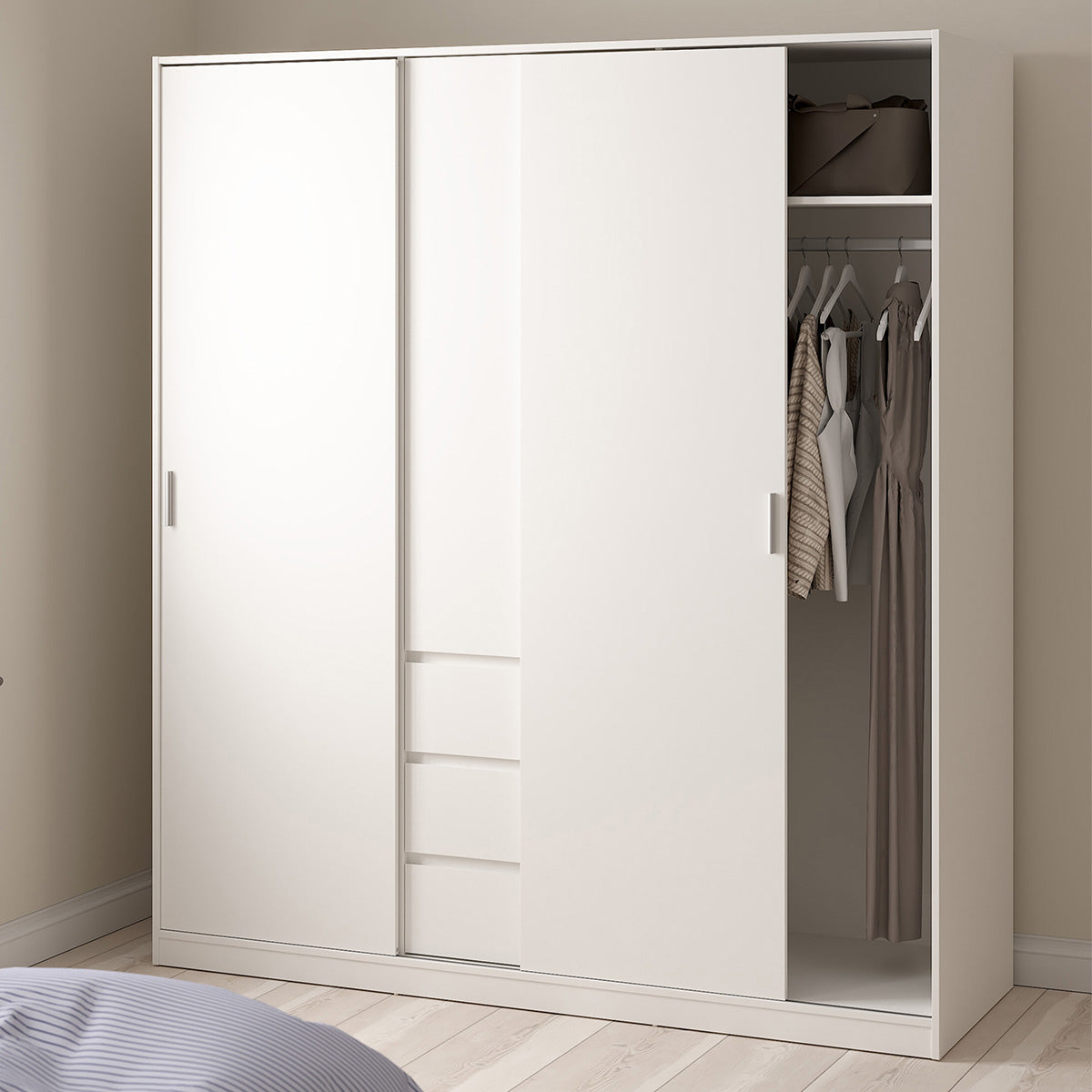 Wooden Sliding Wardrobe With 3 Doors And 3 Drawers - Naia