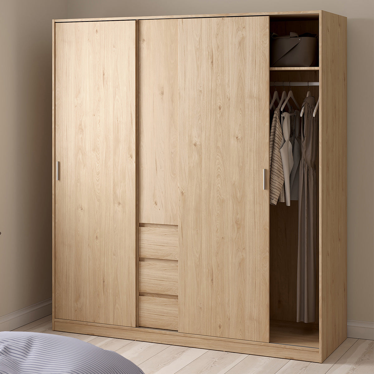 Wooden Sliding Wardrobe With 3 Doors And 3 Drawers - Naia