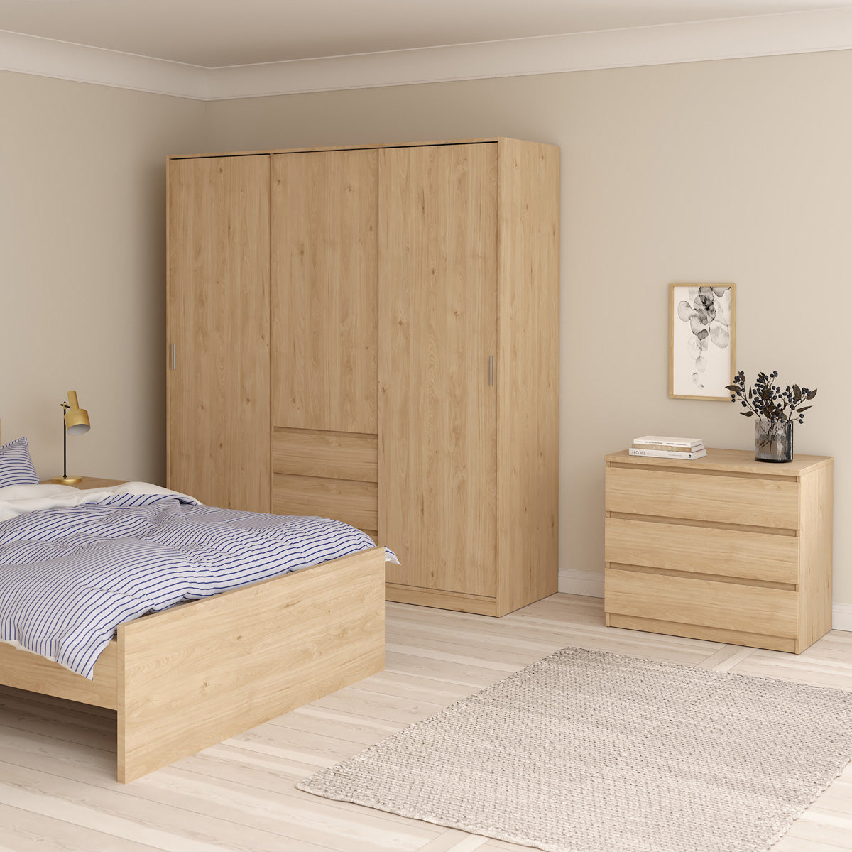 Wooden Sliding Wardrobe With 3 Doors And 3 Drawers - Naia