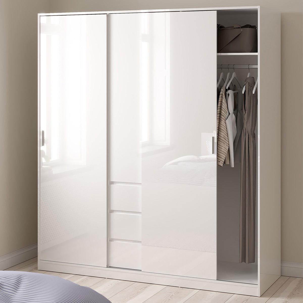 Wooden Sliding Wardrobe With 3 Doors And 3 Drawers - Naia