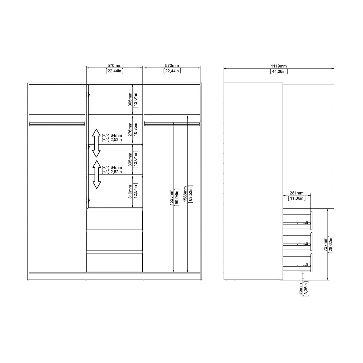 Wooden Sliding Wardrobe With 3 Doors And 3 Drawers - Naia