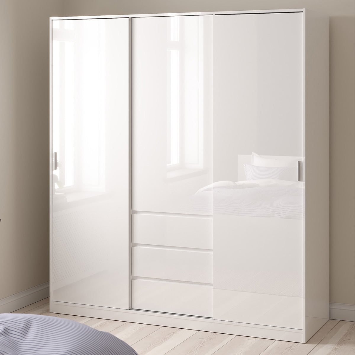 Wooden Sliding Wardrobe With 3 Doors And 3 Drawers - Naia