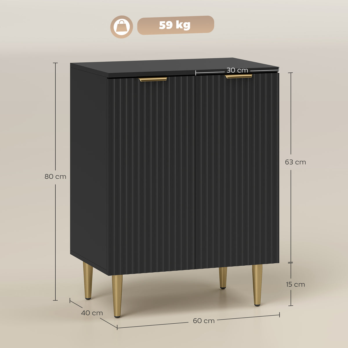 Wooden Storage Cabinet 60cm Wide With 2 Doors And Gold Legs - Velmora