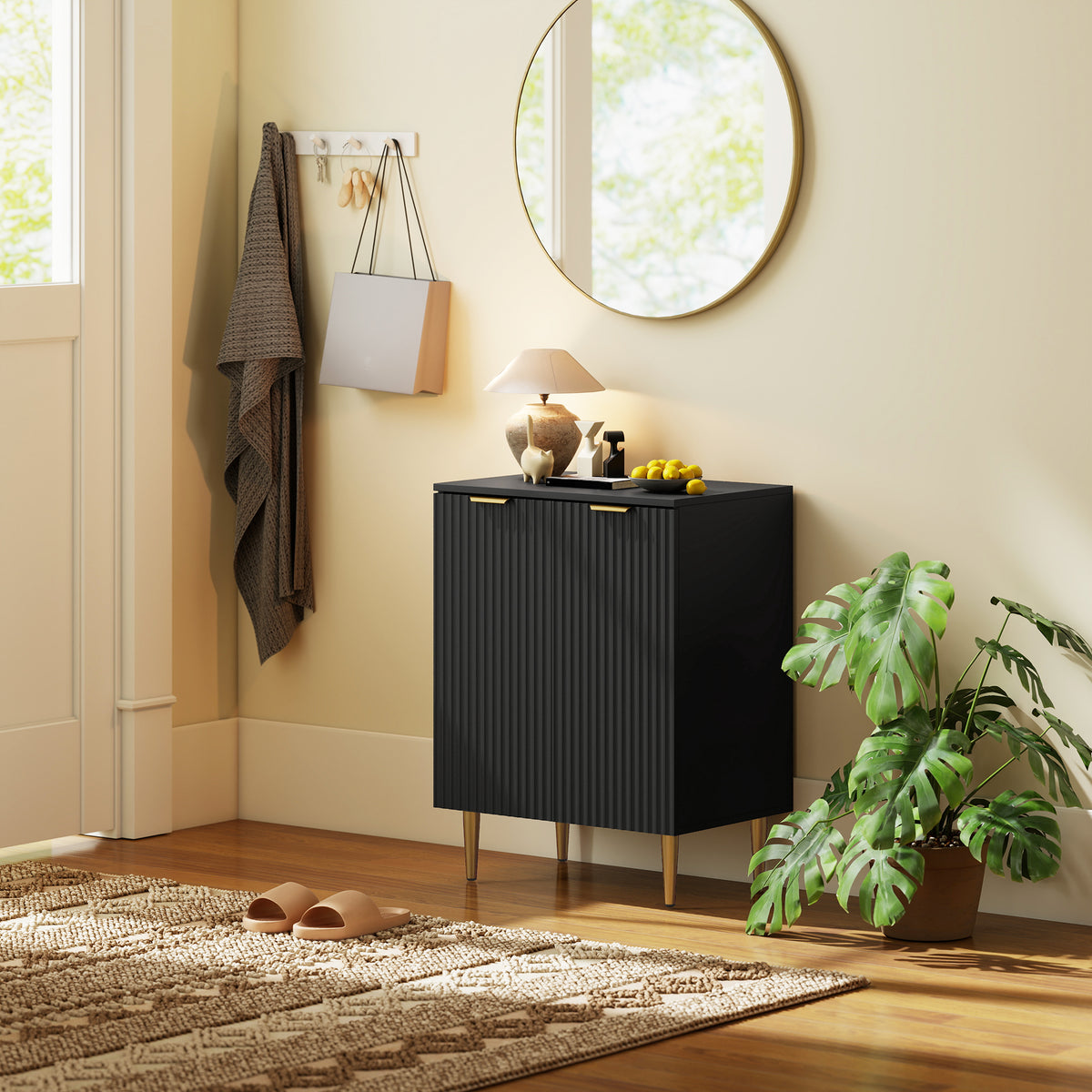 Wooden Storage Cabinet 60cm Wide With 2 Doors And Gold Legs - Velmora