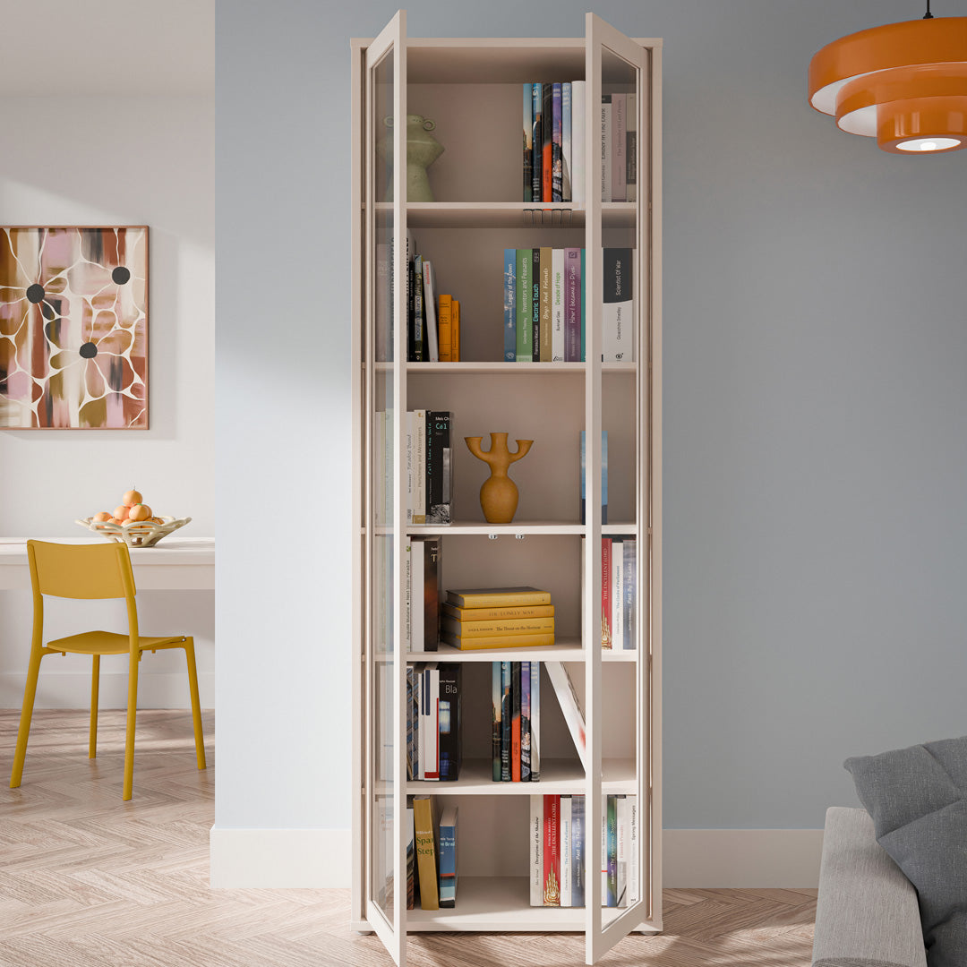 Wooden Tall Display Cabinet Slim With 2 Glass Doors And 5 Shelves - Alice Springs