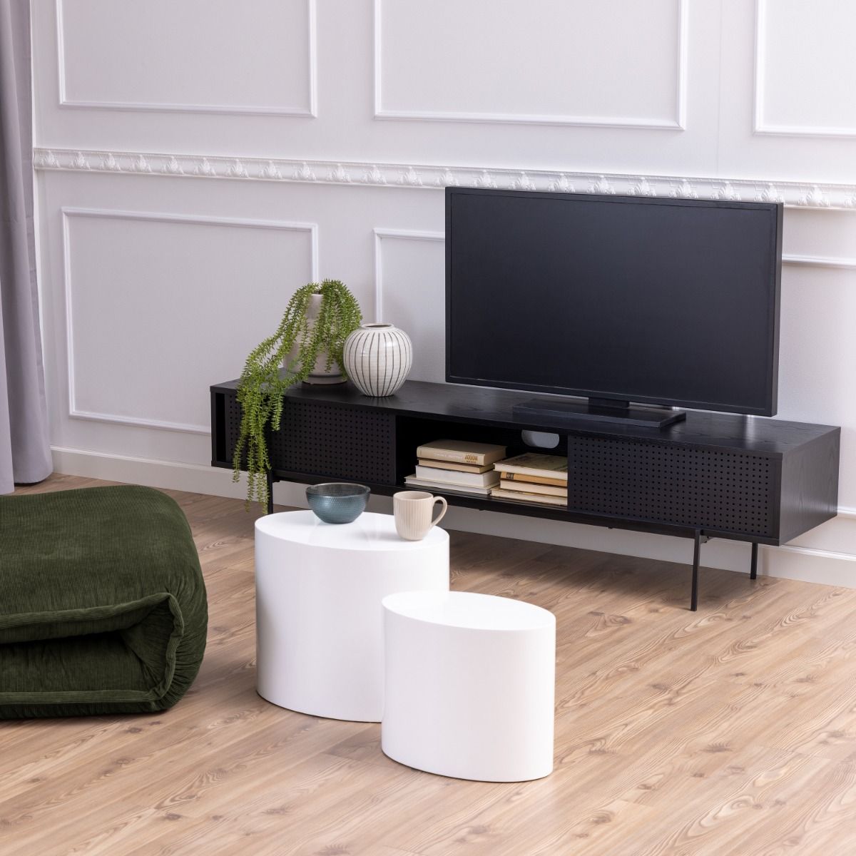 Wooden TV Stand With 2 Mesh Sliding Doors - Angus