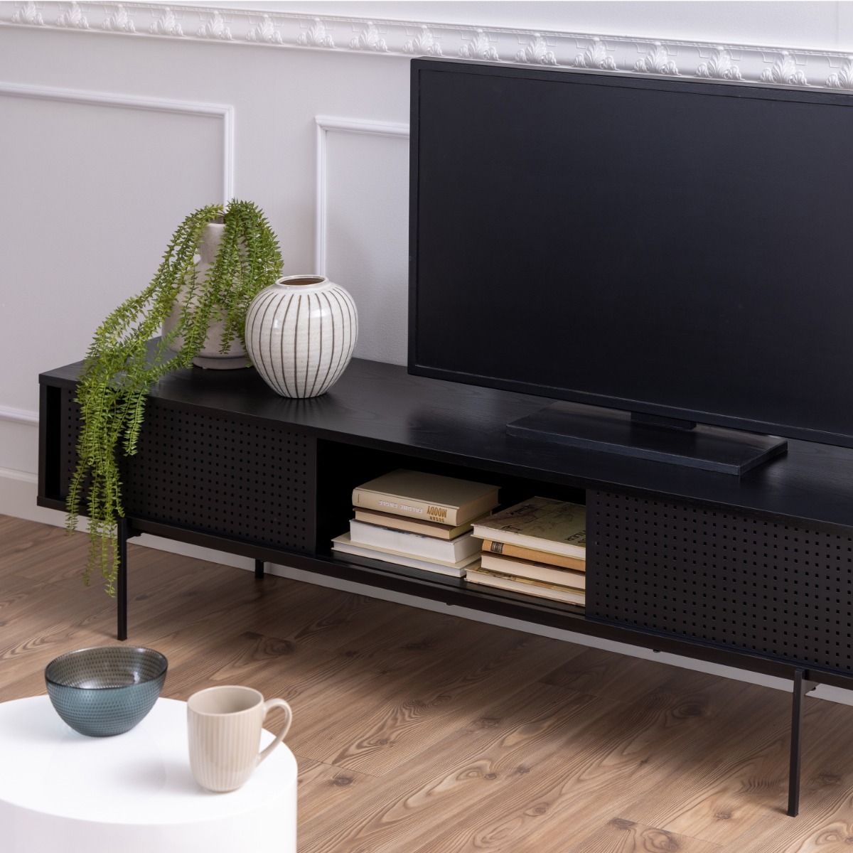 Wooden TV Stand With 2 Mesh Sliding Doors - Angus